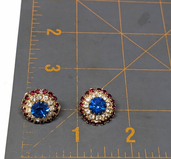 Red White Blue Rhinestone Clip On Earrings, Vinta… - image 10