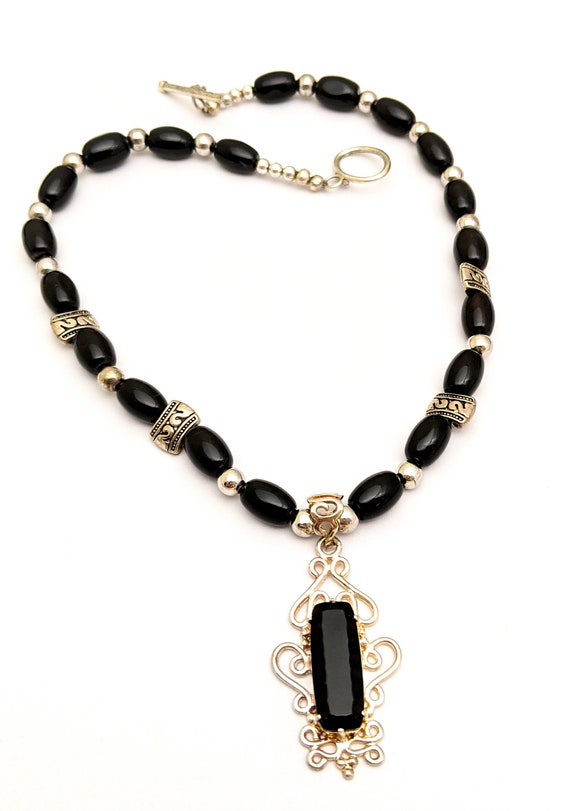 Sterling Silver Onyx Bead Pendant Choker Necklace… - image 7