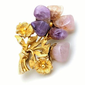 Vintage Purple Amethyst Gemstone Brooch, Purple Flower Gold Tone Brooch, Handmade Amethyst Jewelry