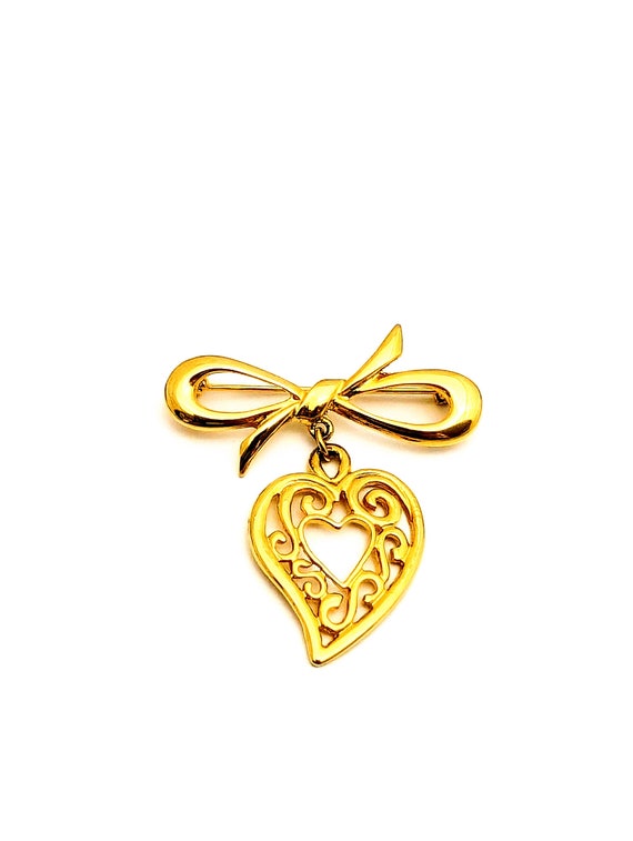 Vintage Gold Tone Dangling Heart Bow Brooch, Dangl