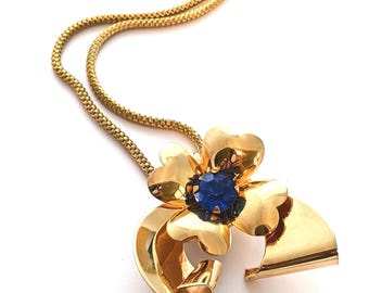 Vintage Rhinestone Floral Pendant Choker, Blue Stone Art Deco Necklace