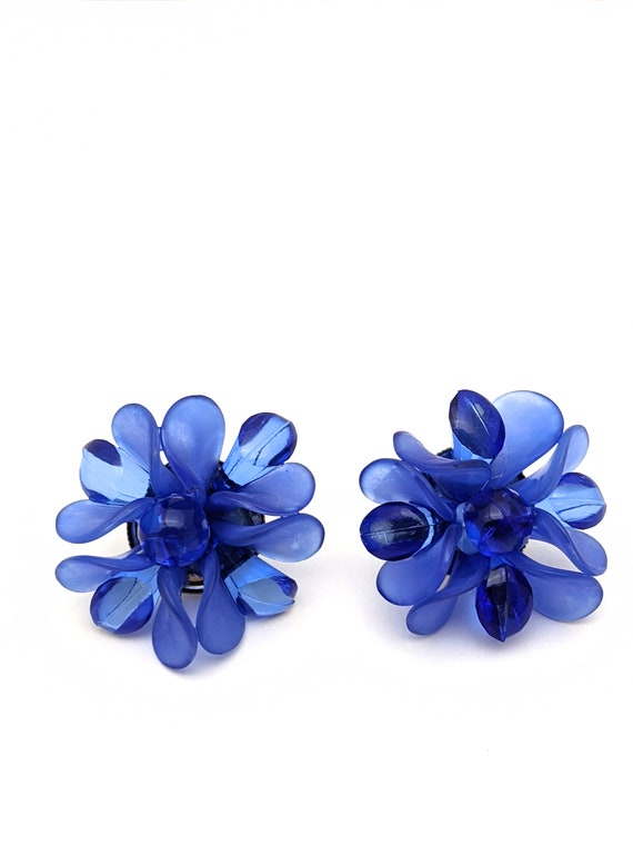 Vintage Blue Beaded Floral Earrings, Large Blue F… - image 3