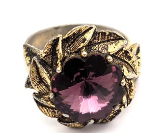 Antique Gold Plated Amethyst Glass Stone Ring, Czech Jewelry, Art Nouveau