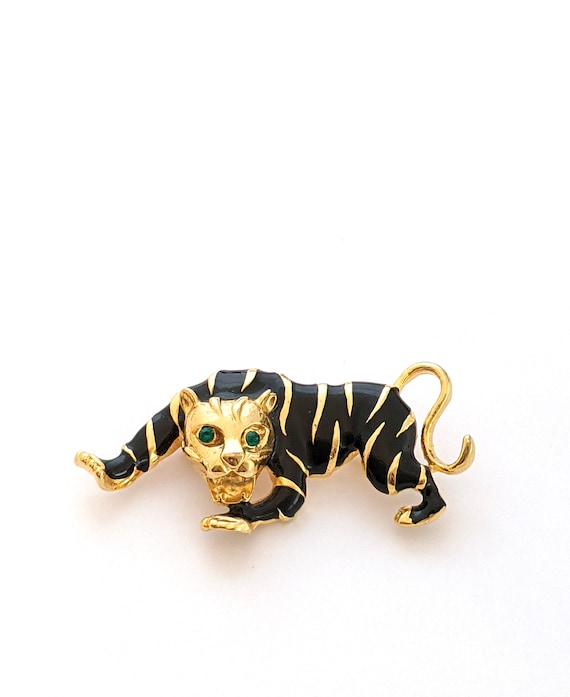 Black Enamel Rhinestone Panther Brooch, Gold Tone… - image 3