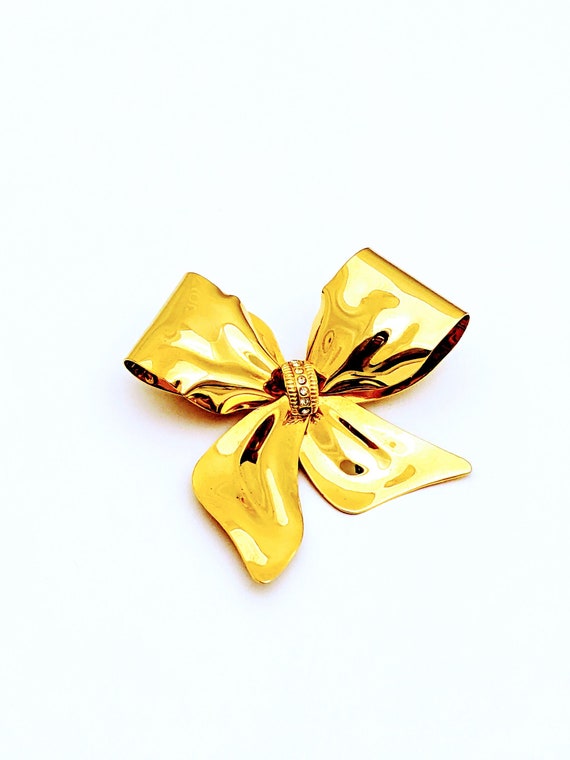 Vintage Large Gold Bow Brooch, Rhinestone Brooch,… - image 1