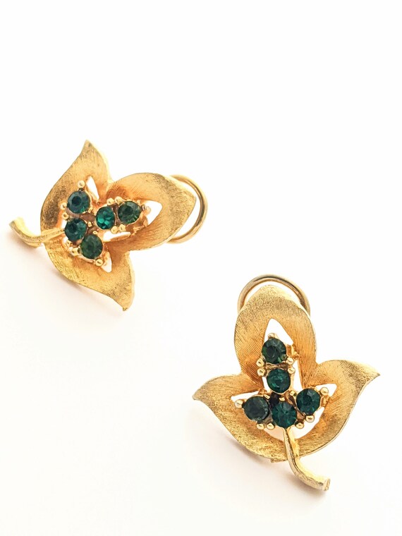 Vintage Green Clip On Rhinestone Earrings, Vintag… - image 4