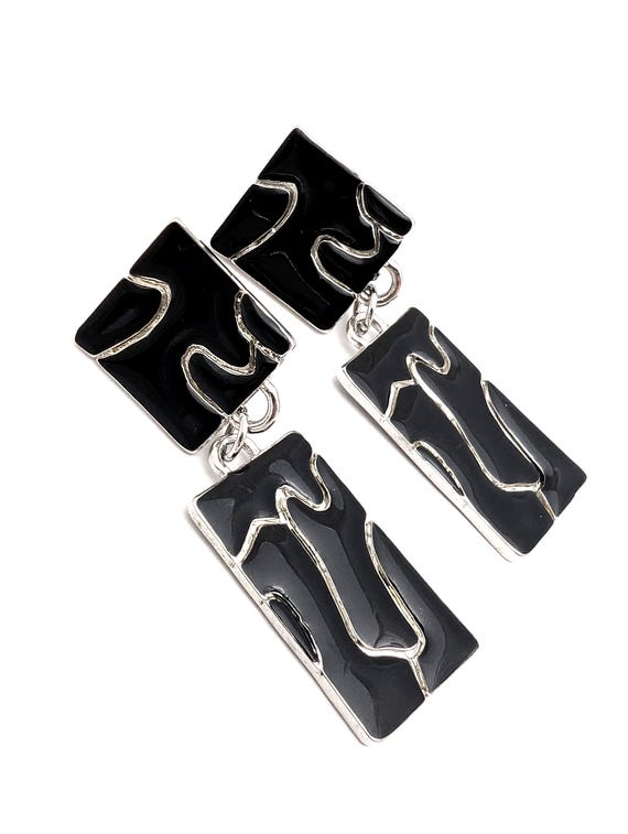 Oversized Glossy Black Rectangular Link Earrings,… - image 5