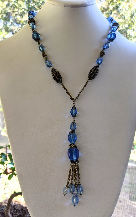 Vintage Blue Glass Bead Necklace, Vintage Glass B… - image 2