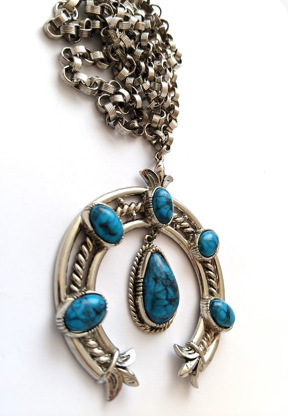 Vintage Turquoise Squash Blossom Necklace, Signed… - image 4