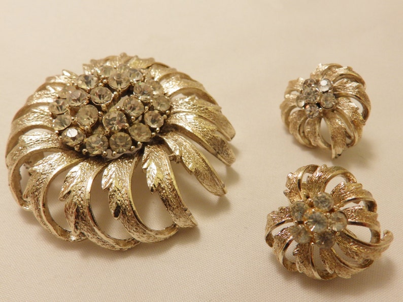 Rhinestone Sunflower Brooch and Earring Coro Jewelry Set