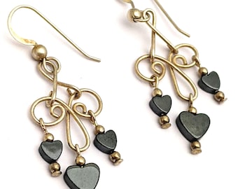 Sterling Silver Hematite Heart Dangle Earrings, Boho Chandelier Style