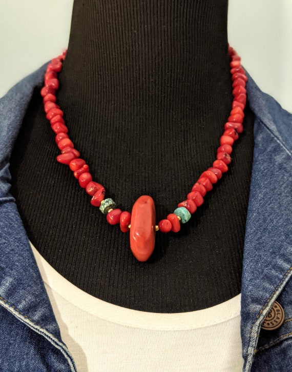 Vintage Red Coral And Turquoise Beaded Necklace, … - image 4