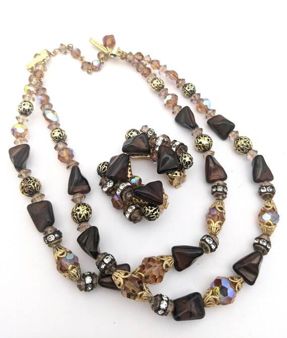 Vintage 50s AB Brown Glass Bead Necklace And Earr… - image 8
