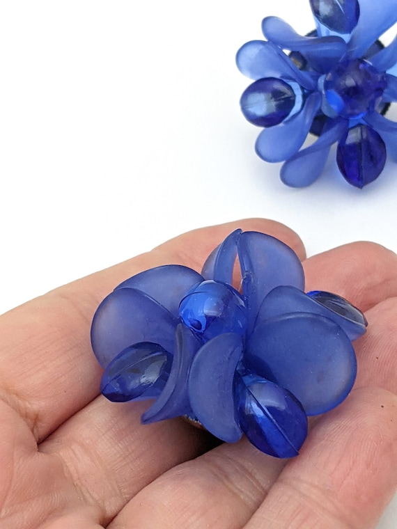 Vintage Blue Beaded Floral Earrings, Large Blue F… - image 2