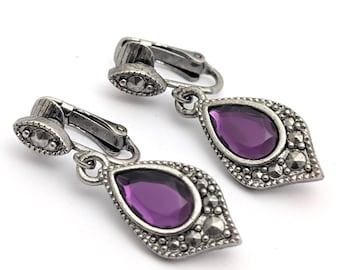 Vintage Silver Teardrop Earrings, Avon 1990s Princesscore Royalcore, Royal Purple