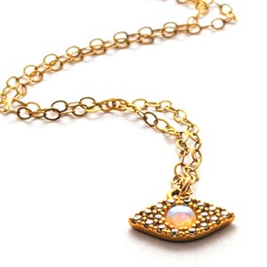 Cute Small 14k GF Sparkly Opal Pendant, Natural Fiery Opal Gold Filled Necklace, Tiny Gold Evil Eye Gemstone Necklace