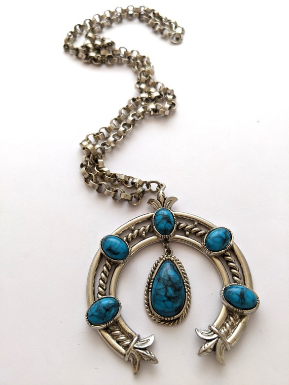 Vintage Turquoise Squash Blossom Necklace, Signed… - image 6