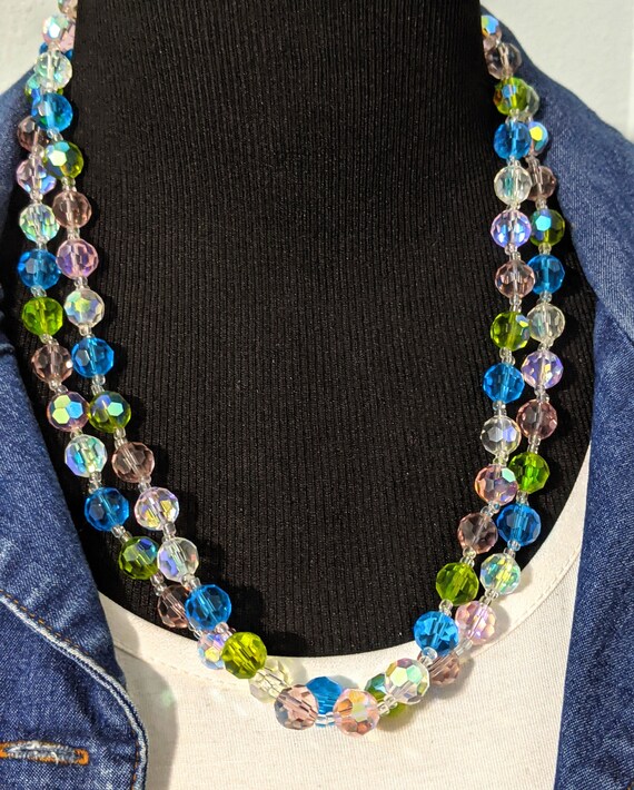 Vintage Pastel Color Glass Bead Necklace, Long AB… - image 2