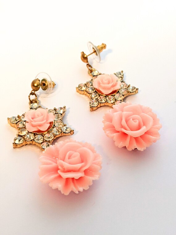 Buy Vintage Pink Rose Earrings, Large Rhinestone Drop Earrings 