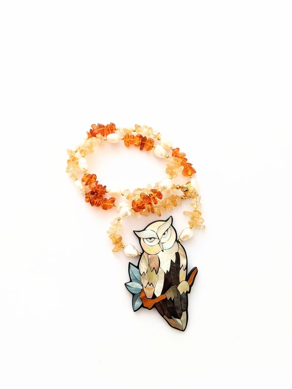 gemstone inlay owl pendant Gem