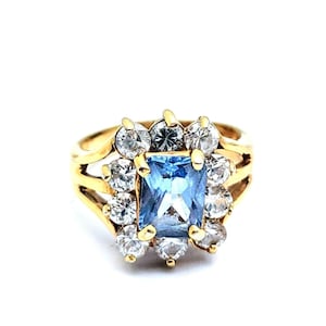 Vintage Signed GS Faux Topaz Rhinestone Ring, Vintage Emerald Cut Blue Glass Stone Ring, November Birthstone Jewelry Gift