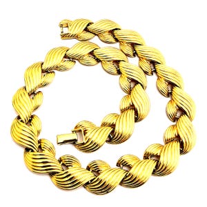 Bright Shiny Gold Plated Choker Necklace, Short Gold Tone Fancy Link Collar Necklace, 80s Fashion