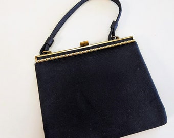 Vintage 60s Black Nylon Kiss Lock Top Handle Hand Bag, Vintage