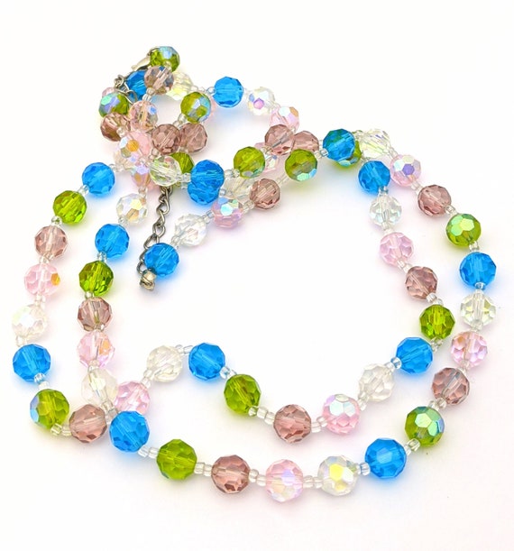 Vintage Pastel Color Glass Bead Necklace, Long AB… - image 1