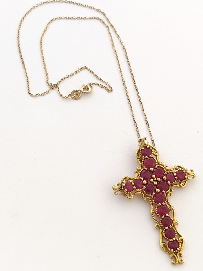Valentines Day Gift For Mom Vintage Large Red Gemstone Pendant Necklace Genuine Natural Ruby 925 Sterling Silver Gold Vermeil Cross