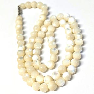 7mm Mother Of Pearl Long Gemstone Bead Necklace, Vintage MOP Long Beaded Necklace, Jewelry Gift For Mom