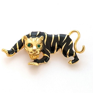 Black Enamel Rhinestone Panther Brooch, Gold Tone Black Cat Brooch