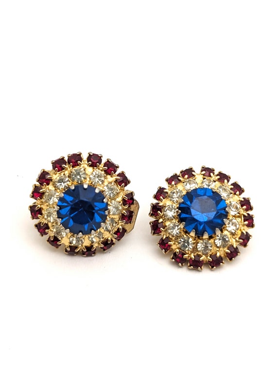 Red White Blue Rhinestone Clip On Earrings, Vinta… - image 6