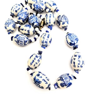 Chinese Export Large Blue And White Porcelain Bead Necklace, Vintage Blue And White  Ceramic Chinoiserie Bead Necklace, Vintage Gift Lover