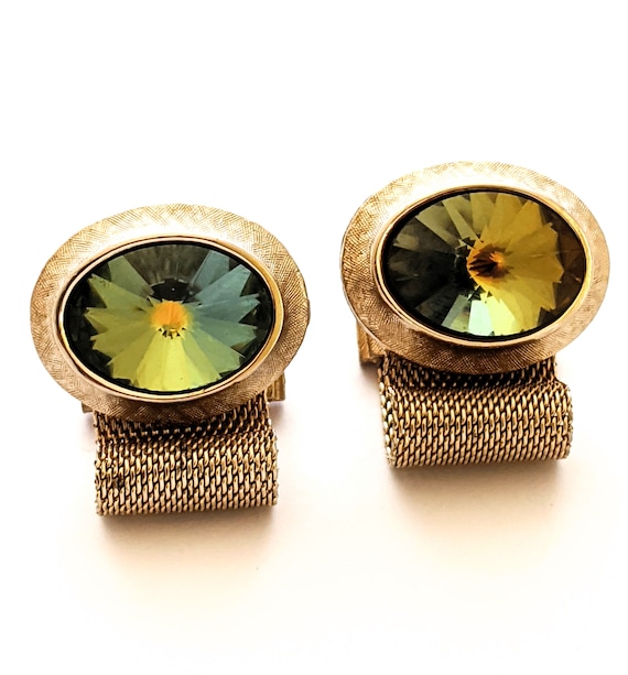 Mens Vintage Green Mystic Rivoli Crystal Cuff Link