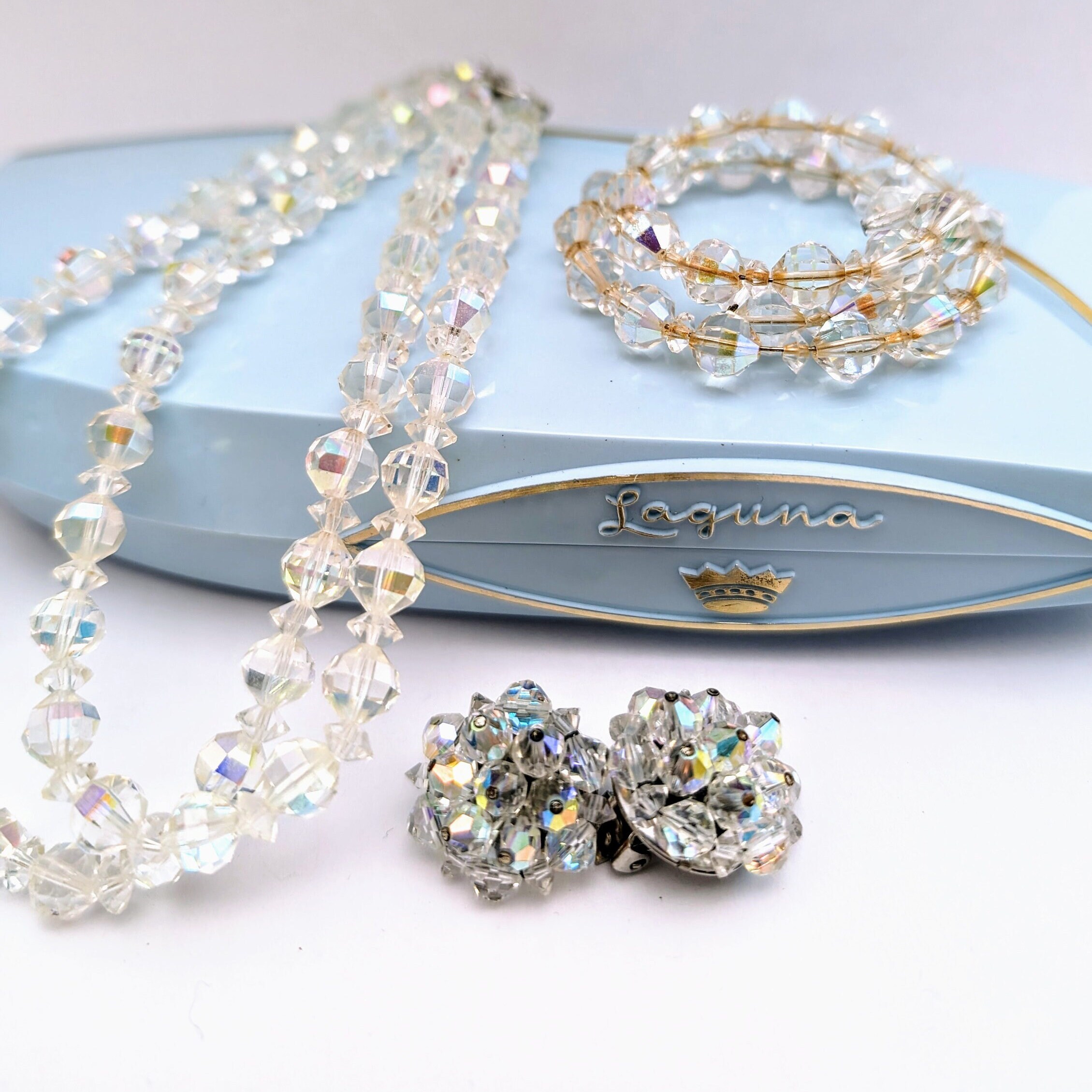 Double Strand Aurora Borealis Crystal Bead Necklace Set, Vintage