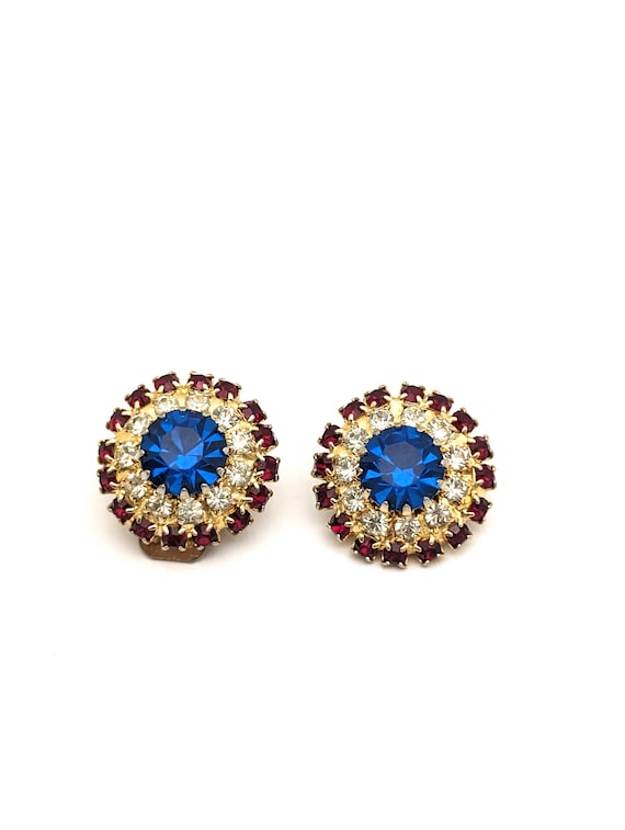 Red White Blue Rhinestone Clip On Earrings, Vinta… - image 7