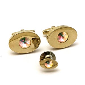 Signed Sarah Coventry Gold Tone Rivoli Watermelon Stone Cufflinks Set, Vintage 50s Mens Fashion