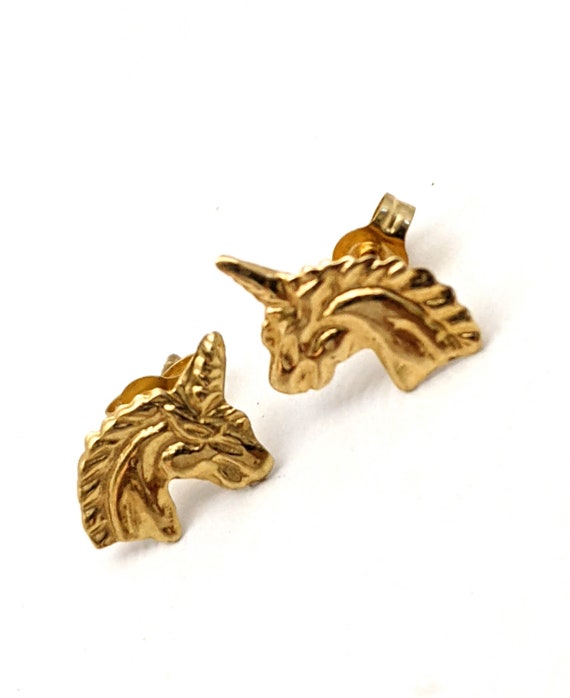 14k Yellow Gold Unicorn Stud Earrings, Small Gold 