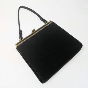 Vintage 60s Black Nylon Kiss Lock Hand Bag, Brassy Gold Trim
