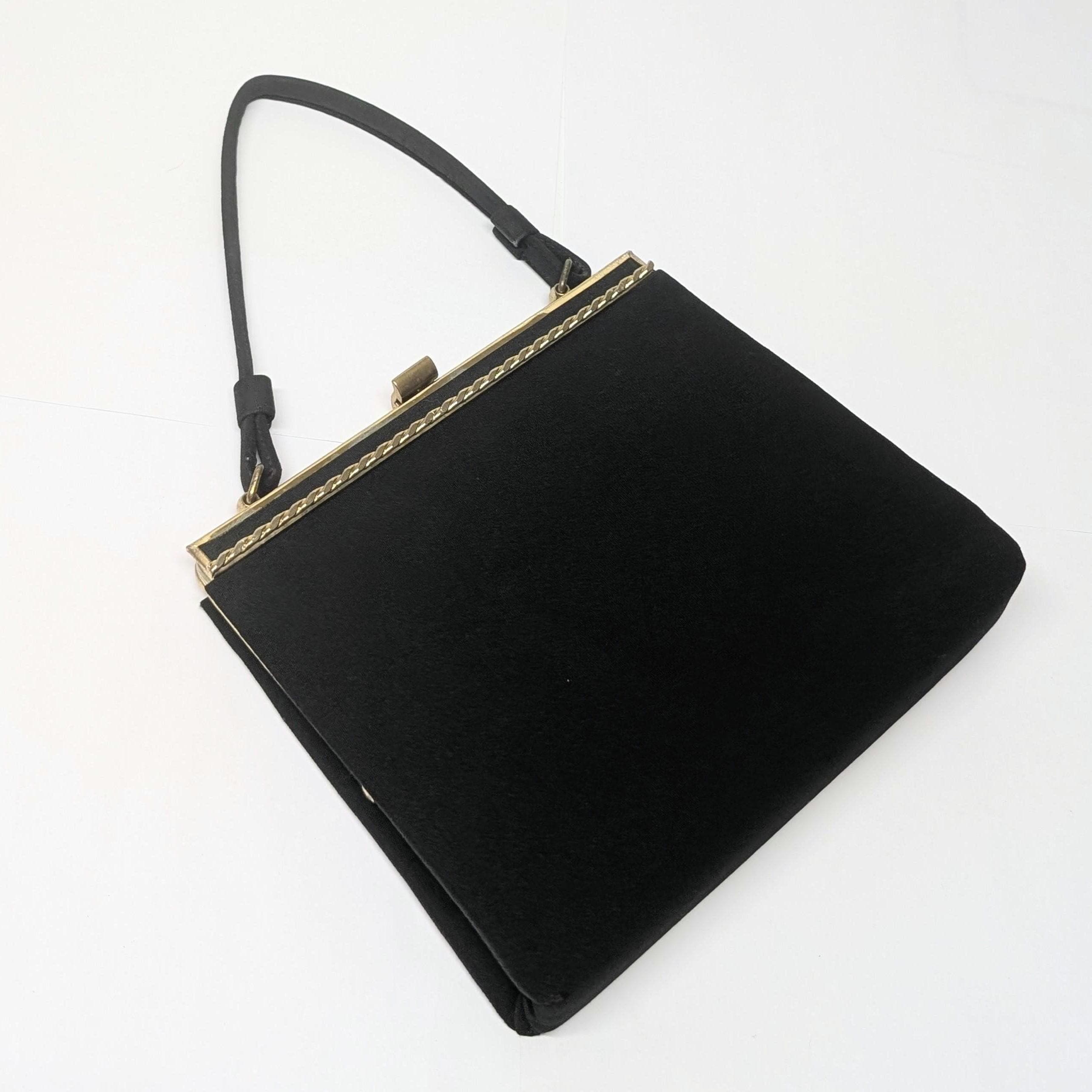 Vintage 60s Black Nylon Kiss Lock Hand Bag, Brassy Gold Trim
