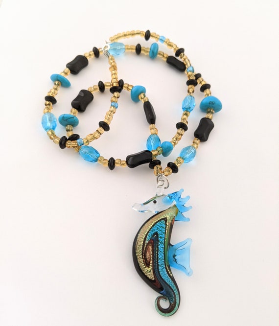 Art Glass Seahorse Pendant Necklace, Hand Blown G… - image 1