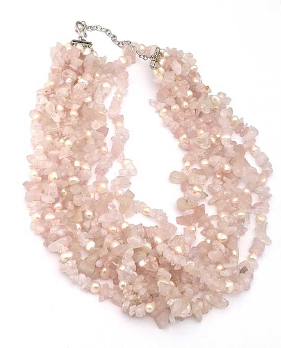 Rose Quartz Multi Strand Beaded Necklace, Vintage… - image 2