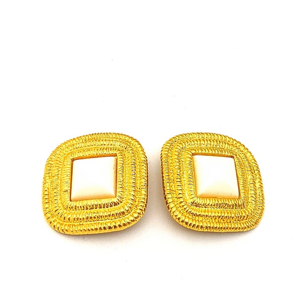 Vintage Large Gold Tone Square Clip On Earrings, Large Gold Haute Couture Runway Earrings, 80s Fashion Costume Jewelry