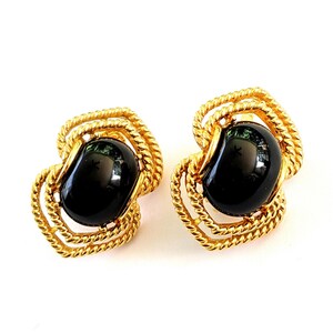 Signed Trifari Gold Tone Black Stone Earrings, Vintage Large Clip On Statement Earrings, Designer Signed Trifari TM Jewelry