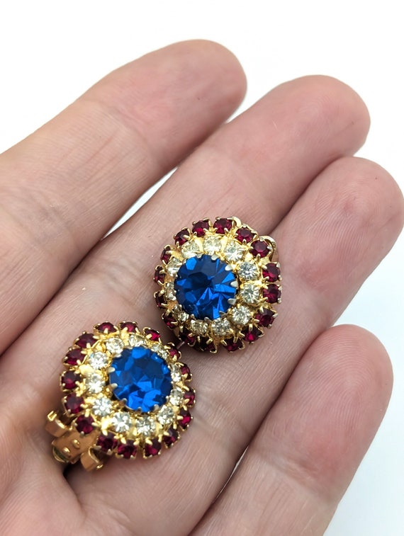 Red White Blue Rhinestone Clip On Earrings, Vinta… - image 5