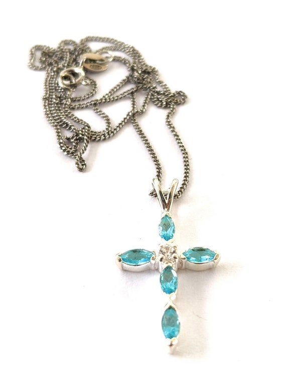Sterling Silver Blue Stone Pendant Necklace, Vint… - image 1
