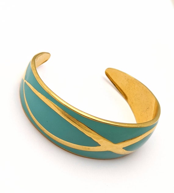 Vintage Gold Tone Aqua Blue Enamel Bangle, Gold To