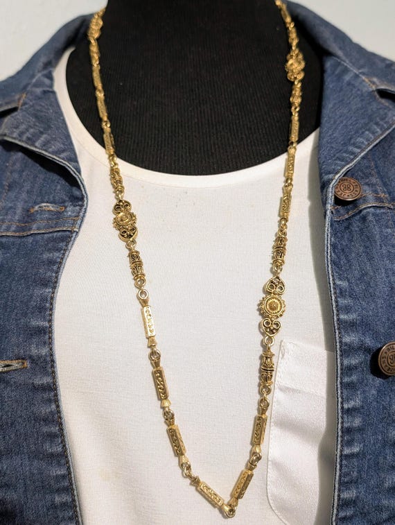 Long Rectangular Link Gold Tone Necklace, Brass M… - image 2