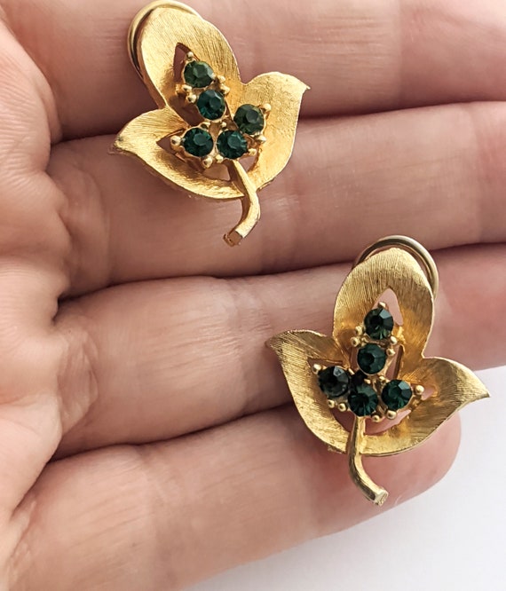 Vintage Green Clip On Rhinestone Earrings, Vintag… - image 2