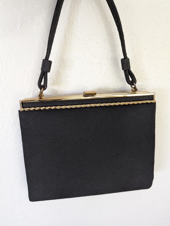 Vintage 60s Black Nylon Kiss Lock Top Handle Hand Bag